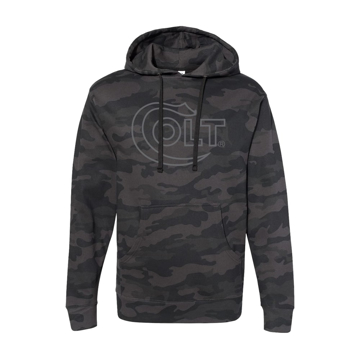 Black Camo Hoodie with grey colt logo on front of hoodie