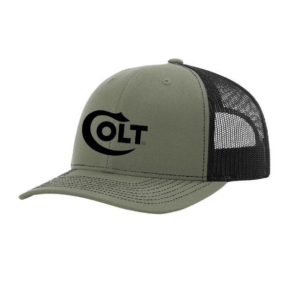 Olive green Colt Rivet Hat with black mesh back and curved bill.