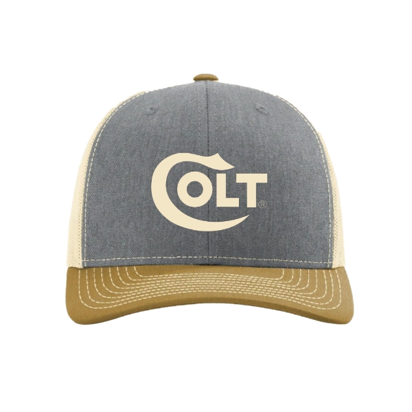 Colt Champions Hat – gray front panel with tan bill and cream mesh back featuring Colt logo.