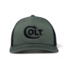 Front of olive green Colt Rivet Hat with black mesh back and curved bill.