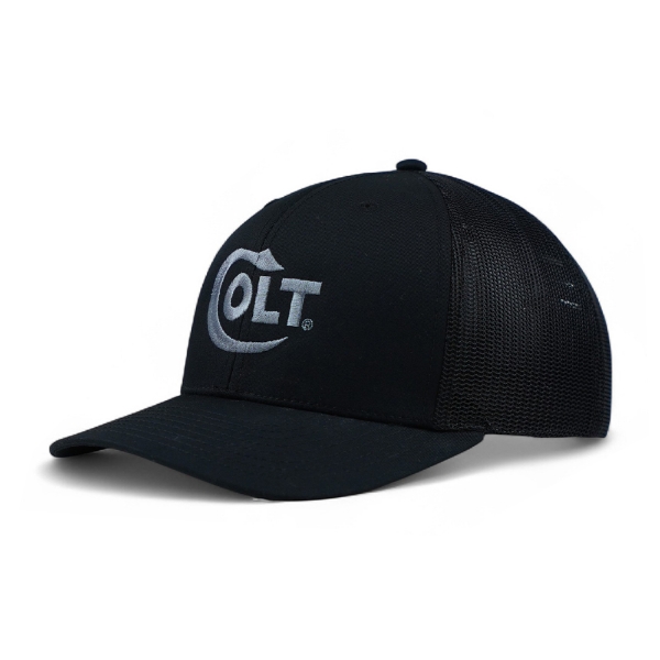 Colt Legendary Hat from front left quarter black front panel with black mesh back and gray Colt logo.